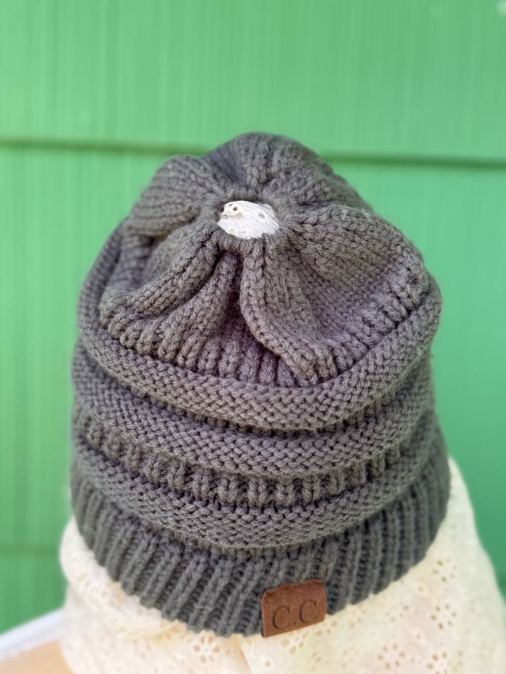C.C Gray Knit Beanie with Ponytail Hole - Picture 2 of 4